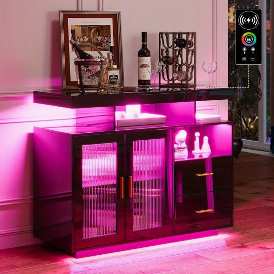 LED Sideboard Buffet Cabinet With Motion Sensor Lights, High Gloss Coffee Bar Cabinet With Charging Station, Kitchen Storage Cabinet For Bar