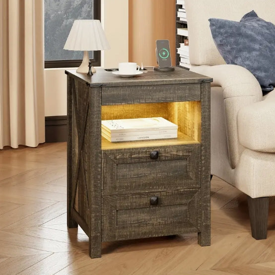[Farmhouse LED Nightstand] 2-Drawer Farmhouse LED Nightstand - With Gun Drawer, Invisible Lock, Charging Station, Modern End Table for Bedroom Living Room Office - White/Dark Oak