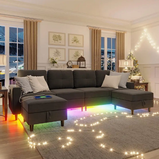 [Modular Sectional Sofa] 6 Seats Modular Sectional Sofa With Charging Station, LED Lights, U/L Shaped Couch, Storage Ottoman, Music Sync