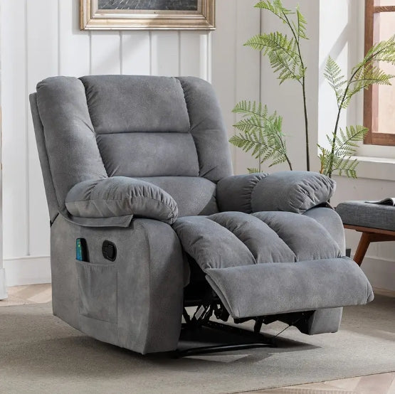 Large Recliner Wide Manual Recliner for Seniors Fabric Living Room Upholstered Adult Recliner, Elderly Lounge Chair Recliner with Heating and Massage Living Room Recliner Manual Recliner with Side Pockets and USB Charging Ports and Remote Controls