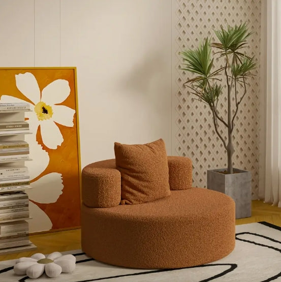 Modern Round Sofa with Cushions – Soft Teddy Fabric, Memory Foam Seat, White – No Assembly Required, Perfect for Living Rooms, Offices, Balconies, and Apartments, Sofa for Living Room