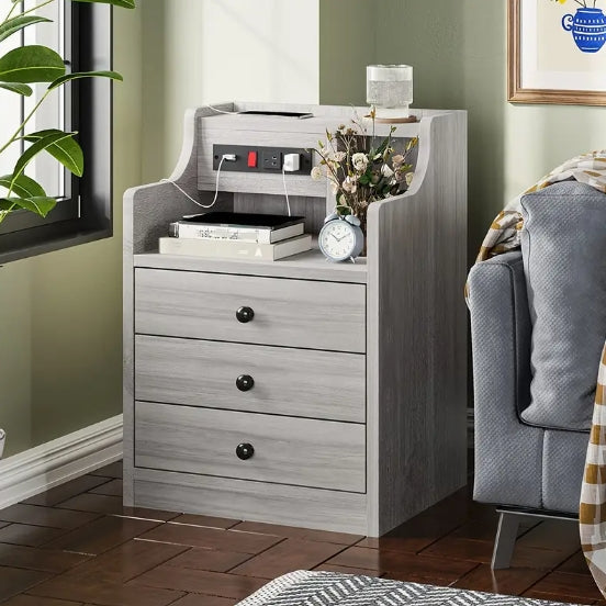 [Grey Nightstand with Charging] 2 USB Ports & 2 Outlets Grey Nightstand with Charging Station, Hutch and 3 Drawers - Bedroom End Table