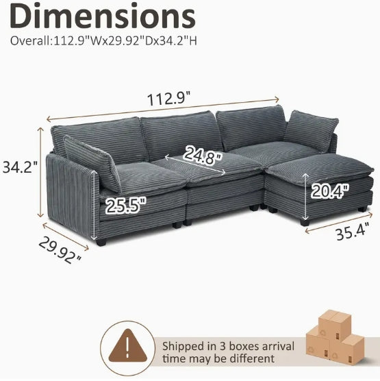 Oversized Modular Sectional Sofa Set - Cozy 3-Seater White Corduroy with Movable Ottoman, 2 Armrest Pillows, L-Shaped Design for Living Room or Bedroom - Easy DIY Assembly, Sectional Sofa for Living Room