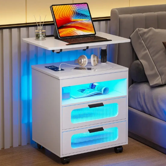 Nightstand With Wireless Charging Station, LED Nightstand Has Adjustable Rotary Workstation, Smart Night Stand With 2 Drawers
