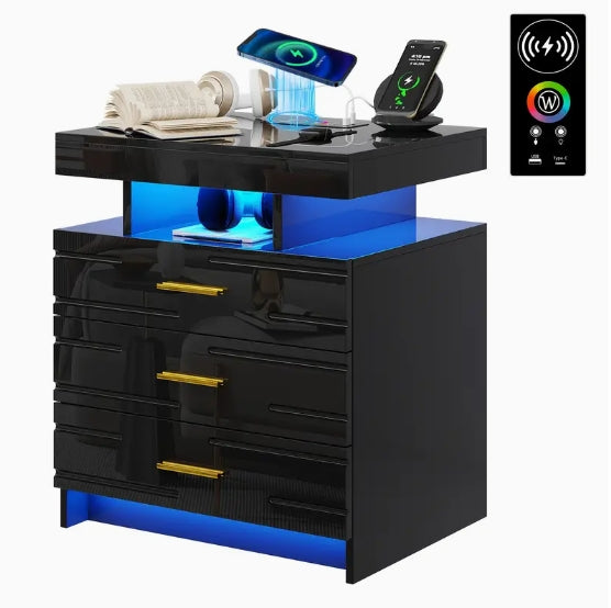 [Wireless Charging Nightstand] Modern 24 Color LED Nightstand - Auto Wireless Charging Station & USB Ports - 3 Drawers High-Gloss Bedside Table