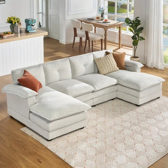 115 Inch Sectional Couch, Modular Sectional Sofa- Double Layer Seat Cushions, U Shaped Couch- Comfy Couches For Living Room, Beige Chenille
