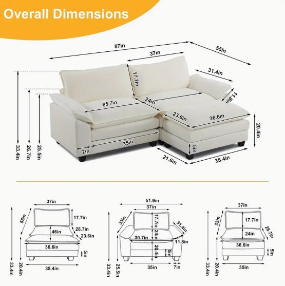 [Comfy Convertible Sofa] Modern Comfy Cloud White/Cream Convertible Sectional Sofa, Extra Deep Seat L-Shape Couch with Movable Ottoman - Elegant White Plush Fabric Sofa for Home, Office, Apartment, Family Lounge Furniture