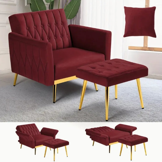 ACMEASE Velvet Accent Chair - Adjustable Armrests And Backrest, Button Tufted Lounge Chair With Ottoman And Pillow