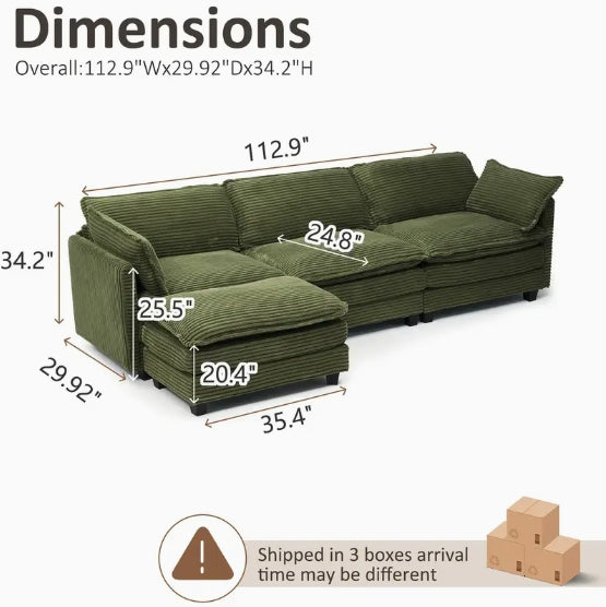 Oversized Modular Sectional Sofa Set - Cozy 3-Seater White Corduroy with Movable Ottoman, 2 Armrest Pillows, L-Shaped Design for Living Room or Bedroom - Easy DIY Assembly, Sectional Sofa for Living Room