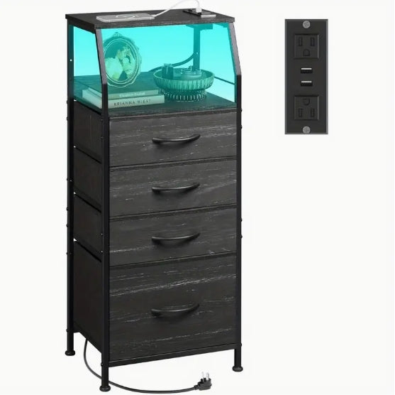 4 Drawer Dresser for Bedroom, Nightstand with Charging Station and LED Light, Indoor and Outdoor Storage, Tall Night Stand Bed Side Table