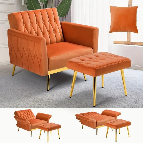 ACMEASE Velvet Accent Chair - Adjustable Armrests And Backrest, Button Tufted Lounge Chair With Ottoman And Pillow