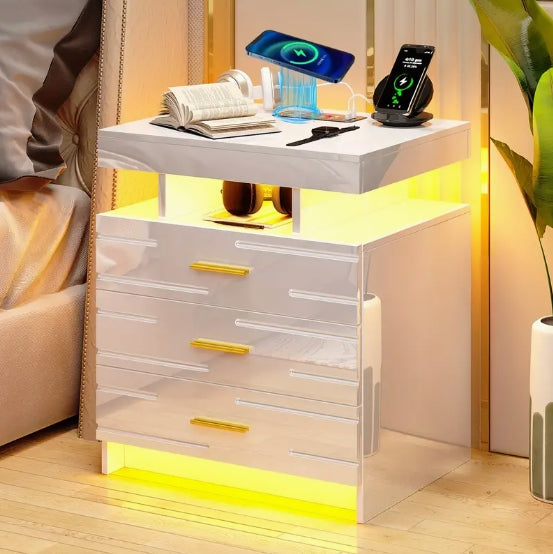 [Wireless Charging Nightstand] Modern 24 Color LED Nightstand - Auto Wireless Charging Station & USB Ports - 3 Drawers High-Gloss Bedside Table