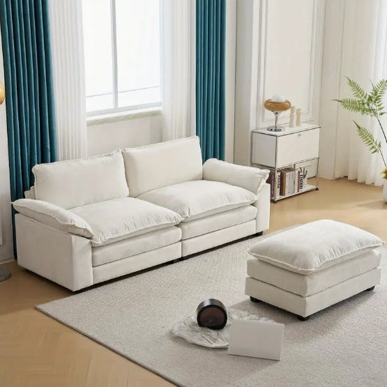 [Comfy Convertible Sofa] Modern Comfy Cloud White/Cream Convertible Sectional Sofa, Extra Deep Seat L-Shape Couch with Movable Ottoman - Elegant White Plush Fabric Sofa for Home, Office, Apartment, Family Lounge Furniture