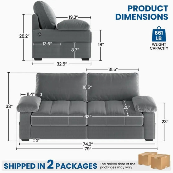 79in Upholstered Sofa Velvet Couch Sofa Couch with USB Charging Ports, Storage Pockets for Living Room Apartment Game Room, Gray/Green/Blue