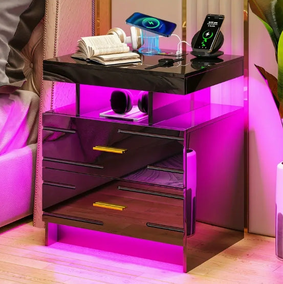 [Wireless Charging Night Stand] Smart Night Stand with Wireless Charging - 24 Colour Lights, 2 Drawers Bed Table