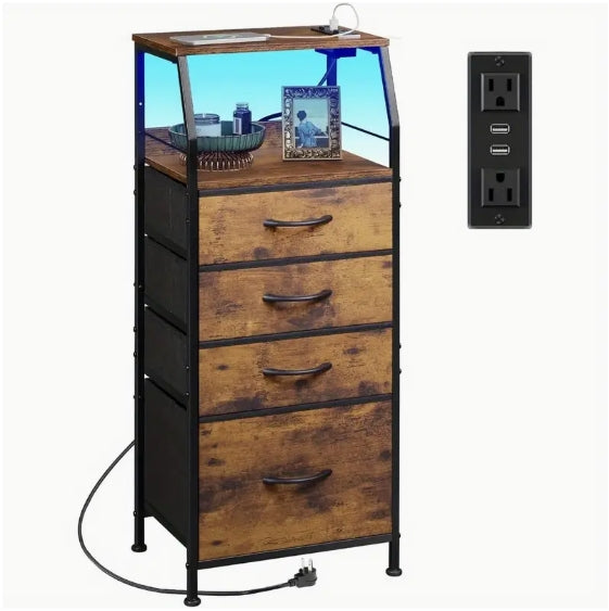 4 Drawer Dresser for Bedroom, Nightstand with Charging Station and LED Light, Indoor and Outdoor Storage, Tall Night Stand Bed Side Table
