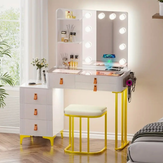[Wireless Charging Vanity] Wireless Charging Gurexl Vanity Desk with Lighted Mirror, 3 Lighting Modes, 6 Drawers & Stool, Glass Top Makeup Vanity Table Set