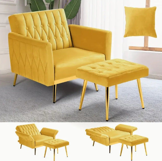 ACMEASE Velvet Accent Chair - Adjustable Armrests And Backrest, Button Tufted Lounge Chair With Ottoman And Pillow