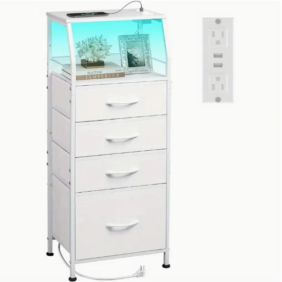 4 Drawer Dresser for Bedroom, Nightstand with Charging Station and LED Light, Indoor and Outdoor Storage, Tall Night Stand Bed Side Table