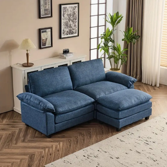 [Comfy Convertible Sofa] Modern Comfy Cloud White/Cream Convertible Sectional Sofa, Extra Deep Seat L-Shape Couch with Movable Ottoman - Elegant White Plush Fabric Sofa for Home, Office, Apartment, Family Lounge Furniture