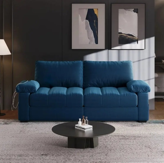79in Upholstered Sofa Velvet Couch Sofa Couch with USB Charging Ports, Storage Pockets for Living Room Apartment Game Room, Gray/Green/Blue
