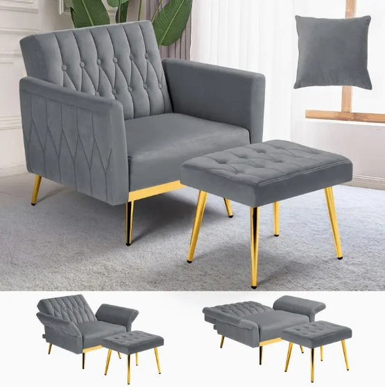 ACMEASE Velvet Accent Chair - Adjustable Armrests And Backrest, Button Tufted Lounge Chair With Ottoman And Pillow