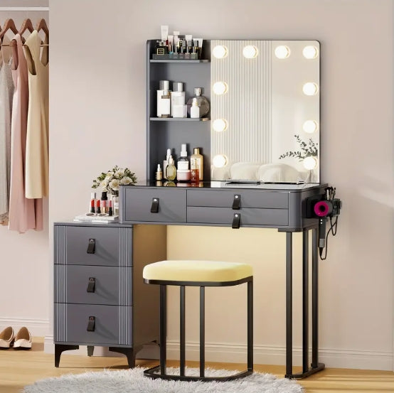 [Wireless Charging Vanity] Wireless Charging Gurexl Vanity Desk with Lighted Mirror, 3 Lighting Modes, 6 Drawers & Stool, Glass Top Makeup Vanity Table Set