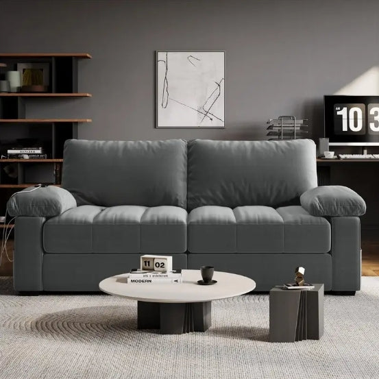79in Upholstered Sofa Velvet Couch Sofa Couch with USB Charging Ports, Storage Pockets for Living Room Apartment Game Room, Gray/Green/Blue