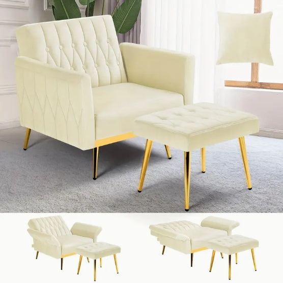 ACMEASE Velvet Accent Chair - Adjustable Armrests And Backrest, Button Tufted Lounge Chair With Ottoman And Pillow