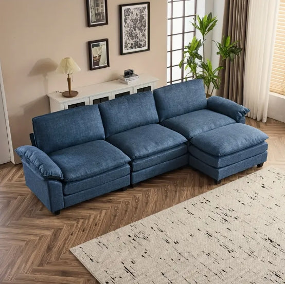 [Comfy Convertible Sofa] Modern Comfy Cloud White/Cream Convertible Sectional Sofa, Extra Deep Seat L-Shape Couch with Movable Ottoman - Elegant White Plush Fabric Sofa for Home, Office, Apartment, Family Lounge Furniture