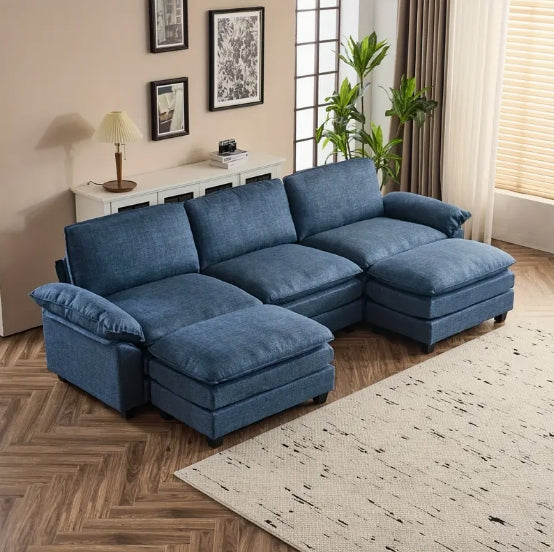 [Comfy Convertible Sofa] Modern Comfy Cloud White/Cream Convertible Sectional Sofa, Extra Deep Seat L-Shape Couch with Movable Ottoman - Elegant White Plush Fabric Sofa for Home, Office, Apartment, Family Lounge Furniture