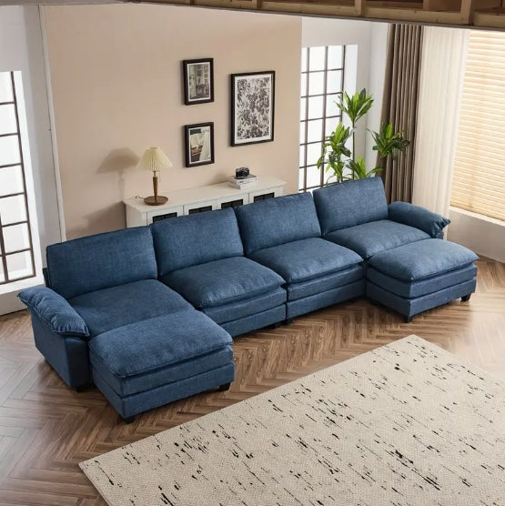 [Comfy Convertible Sofa] Modern Comfy Cloud White/Cream Convertible Sectional Sofa, Extra Deep Seat L-Shape Couch with Movable Ottoman - Elegant White Plush Fabric Sofa for Home, Office, Apartment, Family Lounge Furniture