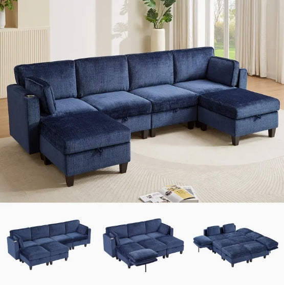 110" U-Shaped Modular Sectional Sofa, Convertible Sleeper Sofa Couch Bed with Adjustable Backrest, Chenille Couch with Storage & Charging Ports, Beige Large Sectional Couches for Living Room