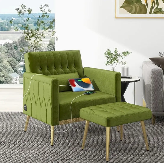 Velvet Modern Accent Chair And Ottoman Set with 2 USB Ports, Pink Comfy Reading Chair Bedroom Living Room Chairs, Recliner Lounge Chair, Adjustable Backrest And Pillow (Green)
