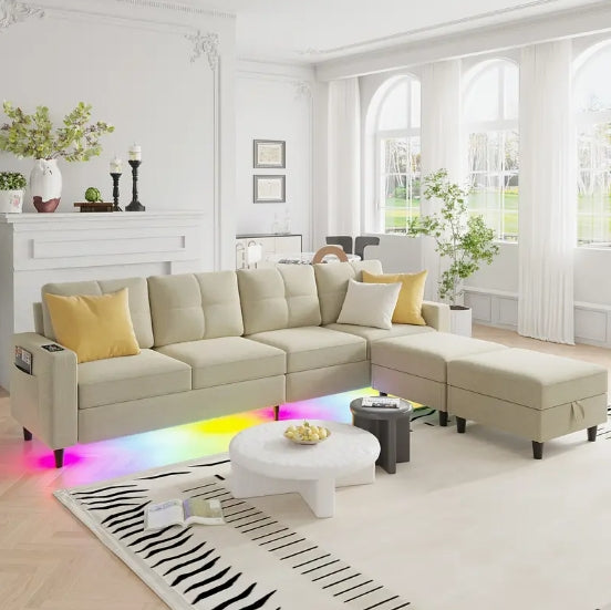 [Modular Sectional Sofa] 6 Seats Modular Sectional Sofa With Charging Station, LED Lights, U/L Shaped Couch, Storage Ottoman, Music Sync