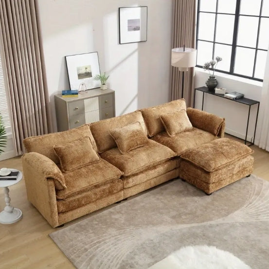 Modern Large Boucle Fabric L-Shape Sectional Chenille Fabric, Movable Pedals, Detachable Armrests, Oversized Three-Seat Sofa