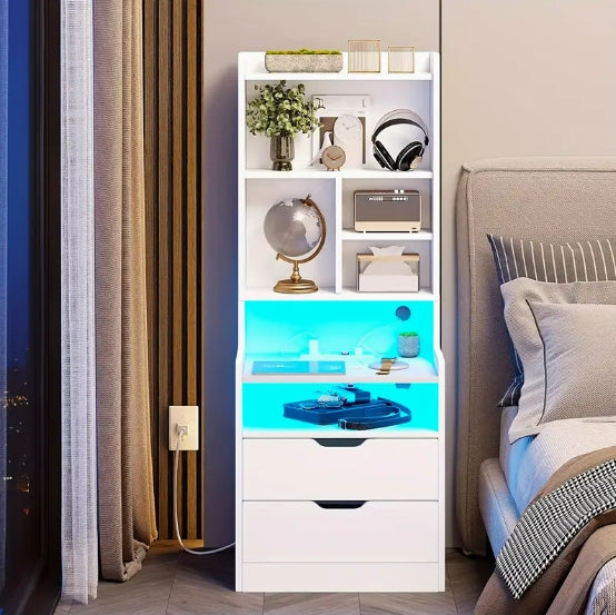 [Tall Nightstand with Charging Station] 1pcs White Tall Nightstand - Charging Station and LED Lights, 2 Drawers, Bookshelf, Bedside Table with Shelves