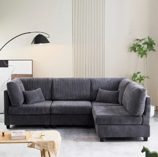 1pc Convertible Modular Sofa - DIY Corduroy Fabric L-shaped/U-shaped - Non-slip Sofa Legs, 2 Packages Ship, Beige/Dark Gray