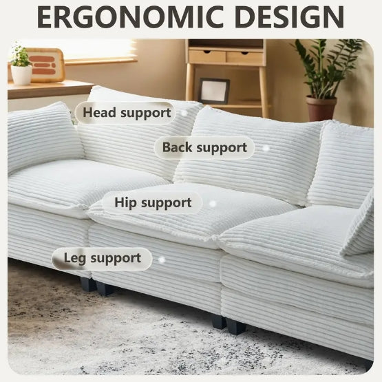 Oversized Modular Sectional Sofa Set - Cozy 3-Seater White Corduroy with Movable Ottoman, 2 Armrest Pillows, L-Shaped Design for Living Room or Bedroom - Easy DIY Assembly, Sectional Sofa for Living Room
