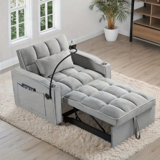 [Convertible Sleeper Chair] 3-in-1 Adjustable Convertible Sleeper Chair Sofa Bed - Gray Quilted Design, Multi-Pockets, Pull-Out Functionality for Living Room or Bedroom
