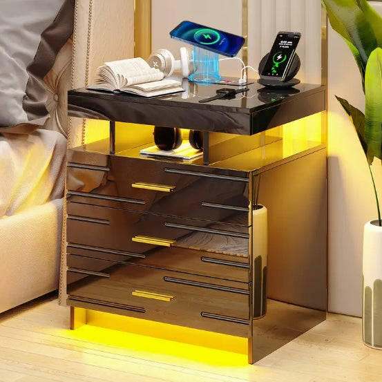 [Wireless Charging Nightstand] Modern 24 Color LED Nightstand - Auto Wireless Charging Station & USB Ports - 3 Drawers High-Gloss Bedside Table