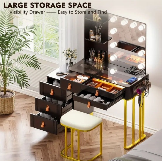 [Wireless Charging Vanity] Wireless Charging Gurexl Vanity Desk with Lighted Mirror, 3 Lighting Modes, 6 Drawers & Stool, Glass Top Makeup Vanity Table Set