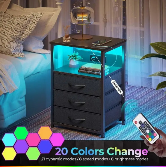 [Charging Nightstand] 2/3 Fabric Drawers Nightstand with Charging Station And LED Light, Side Table with USB Ports And Outlets, Valentines Bedside End Table