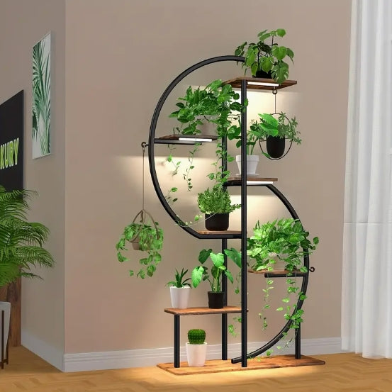 9-Tier Metal Step Shelf with Grow Light - 59" Tall Indoor Plant & Greenery Stand, Heavy-Duty Iron Pipes, Water-Resistant, No Electricity Needed - Perfect for Home, Patio, Balcony - Patented Design