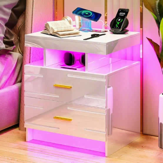 [Wireless Charging Night Stand] Smart Night Stand with Wireless Charging - 24 Colour Lights, 2 Drawers Bed Table
