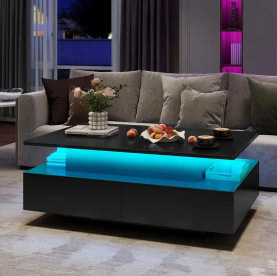 Lift Top Coffee Table, Coffee Table with Storages for Living Room, Rectangular Coffee Tables with 4 Spacious Drawers, Modern Coffee Table with LED Light