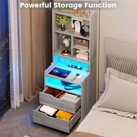 1pcs Gray Tall Nightstand with Charging Station, LED Lights, Drawers, Storage Shelves, and Bookshelf