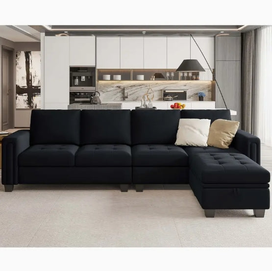 4-Seat Velvet Reversible L Shaped Sectional Sofa Couch - With Convertible Storage Ottoman