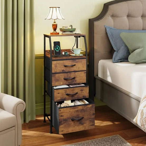 4 Drawer Dresser for Bedroom, Nightstand with Charging Station and LED Light, Indoor and Outdoor Storage, Tall Night Stand Bed Side Table