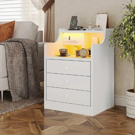 White Nightstand with Charging Station and LED Lights, Night Stand with Hutch, Bedside Table with Drawers, Modern End Side Table for Bedroom